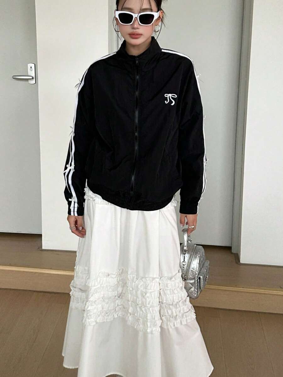 SHEIN جاكيت نسائي أسود فضفاض مزين بفيونكة أنيقة