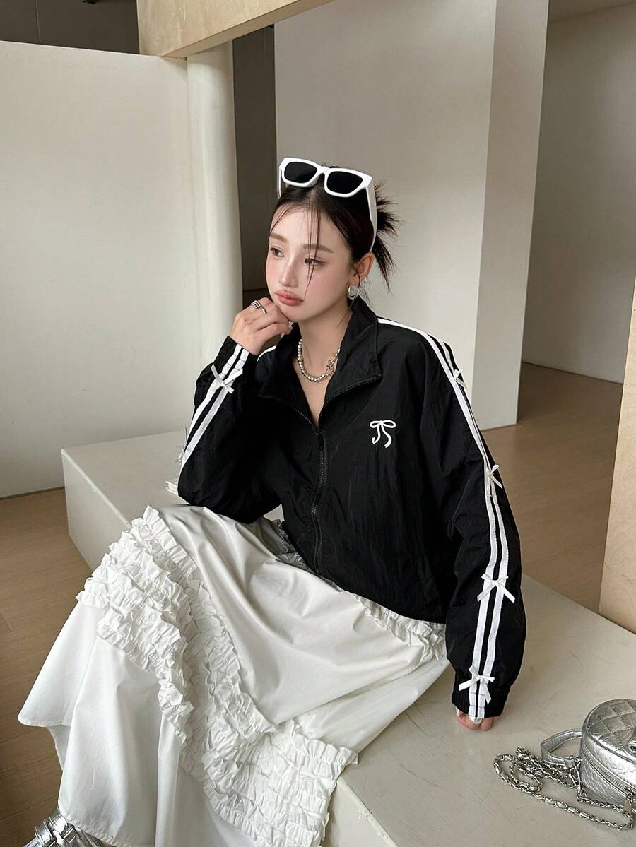 SHEIN جاكيت نسائي أسود فضفاض مزين بفيونكة أنيقة