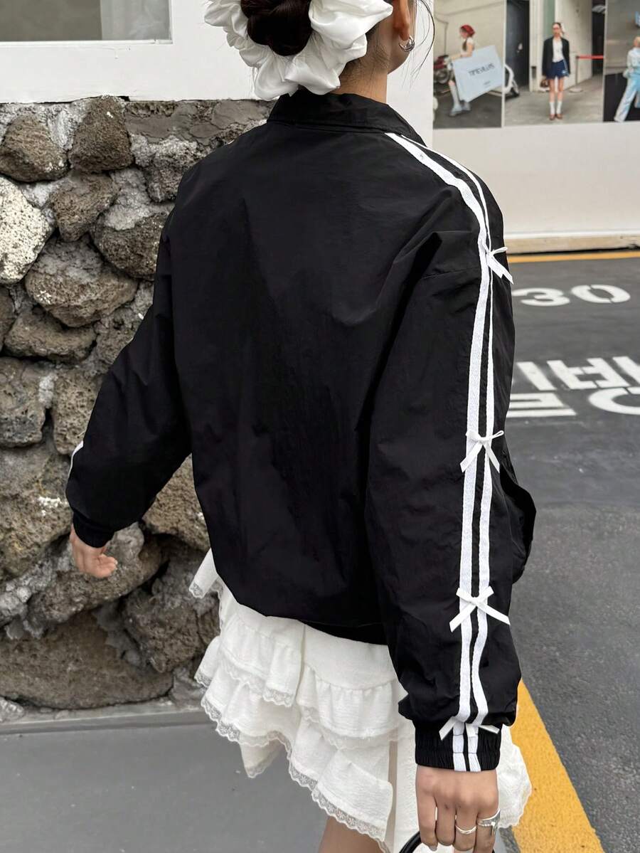 SHEIN جاكيت نسائي أسود فضفاض مزين بفيونكة أنيقة