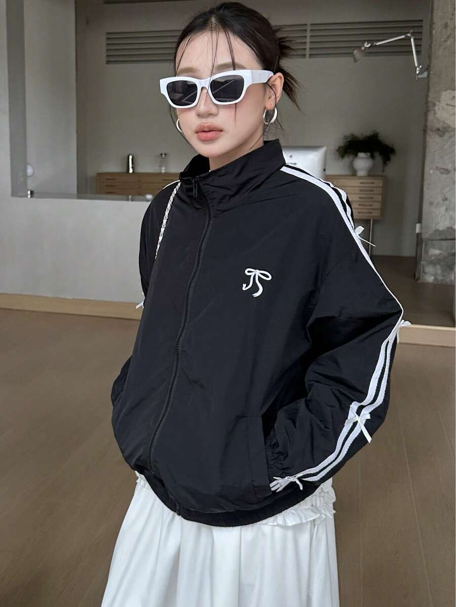 SHEIN جاكيت نسائي أسود فضفاض مزين بفيونكة أنيقة