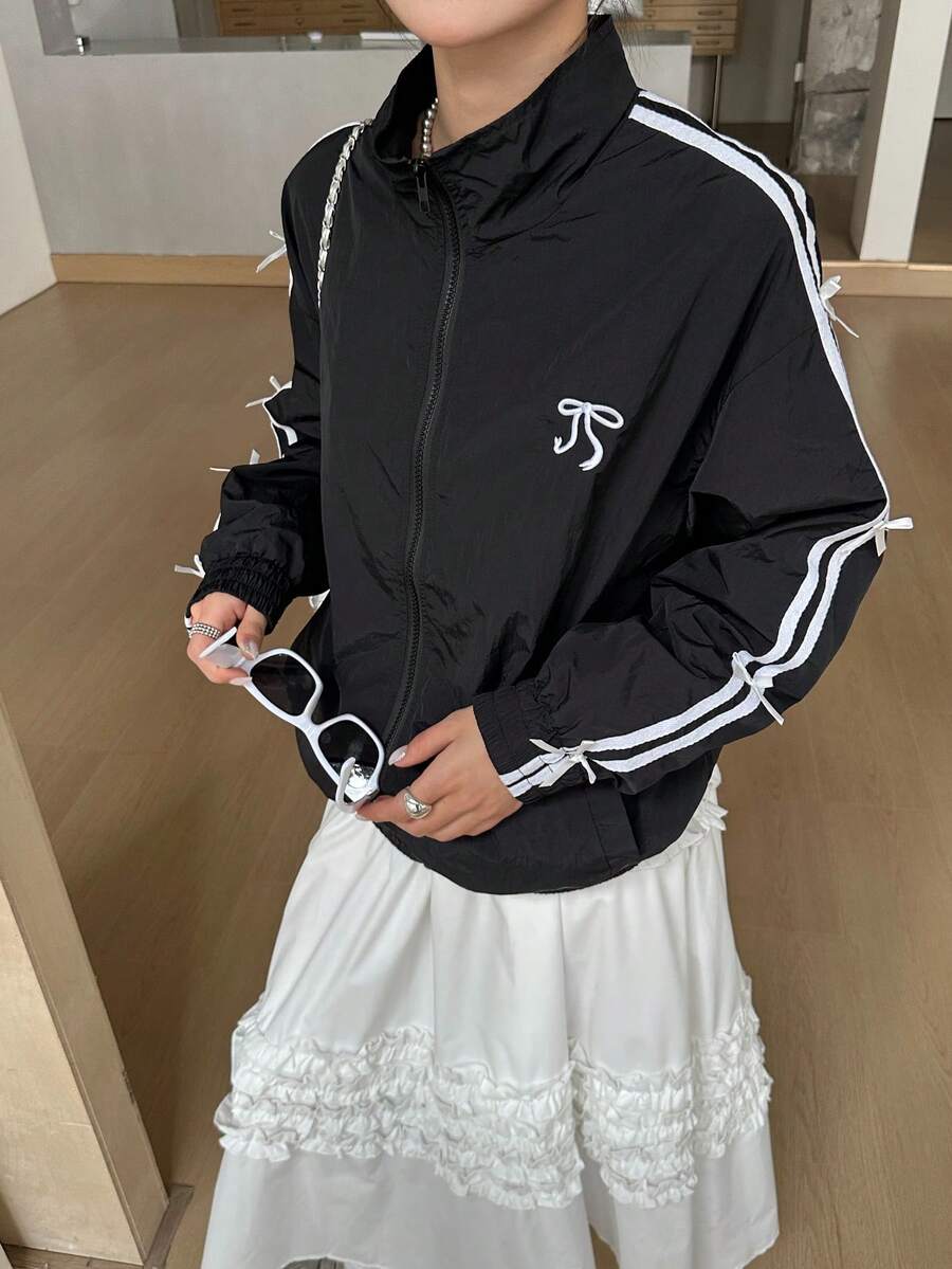 SHEIN جاكيت نسائي أسود فضفاض مزين بفيونكة أنيقة