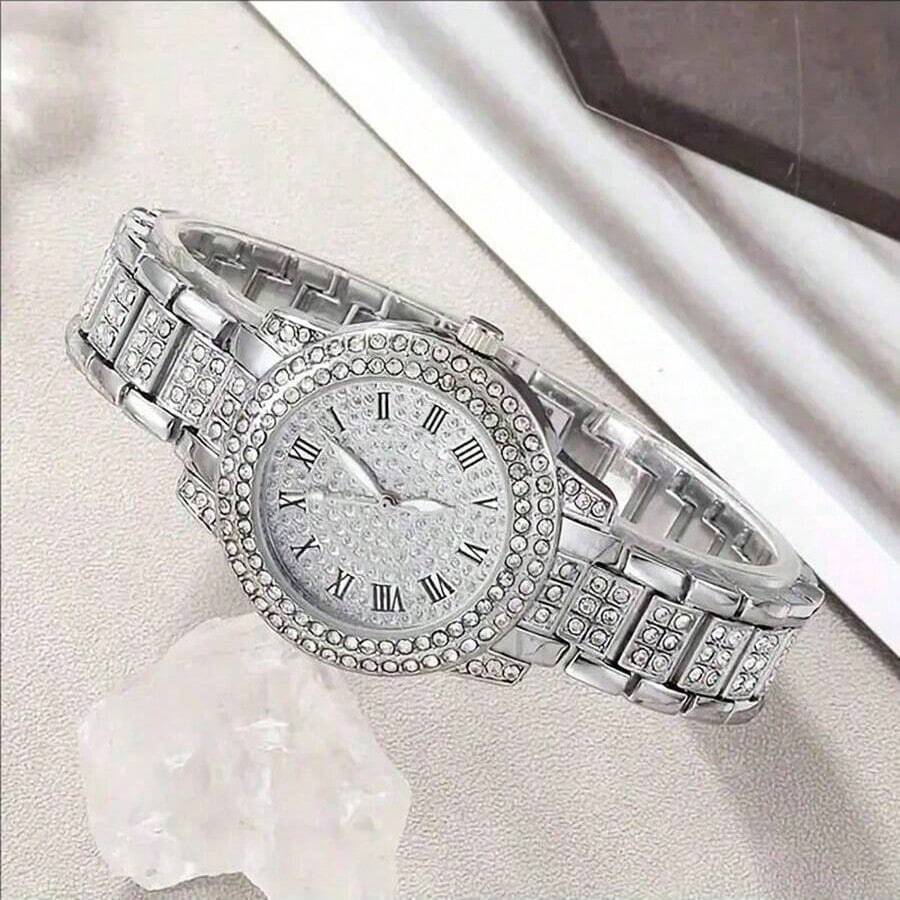 SHEIN ساعة نسائية كاجوال بعقارب رومانية مرصعة بالراين ستون