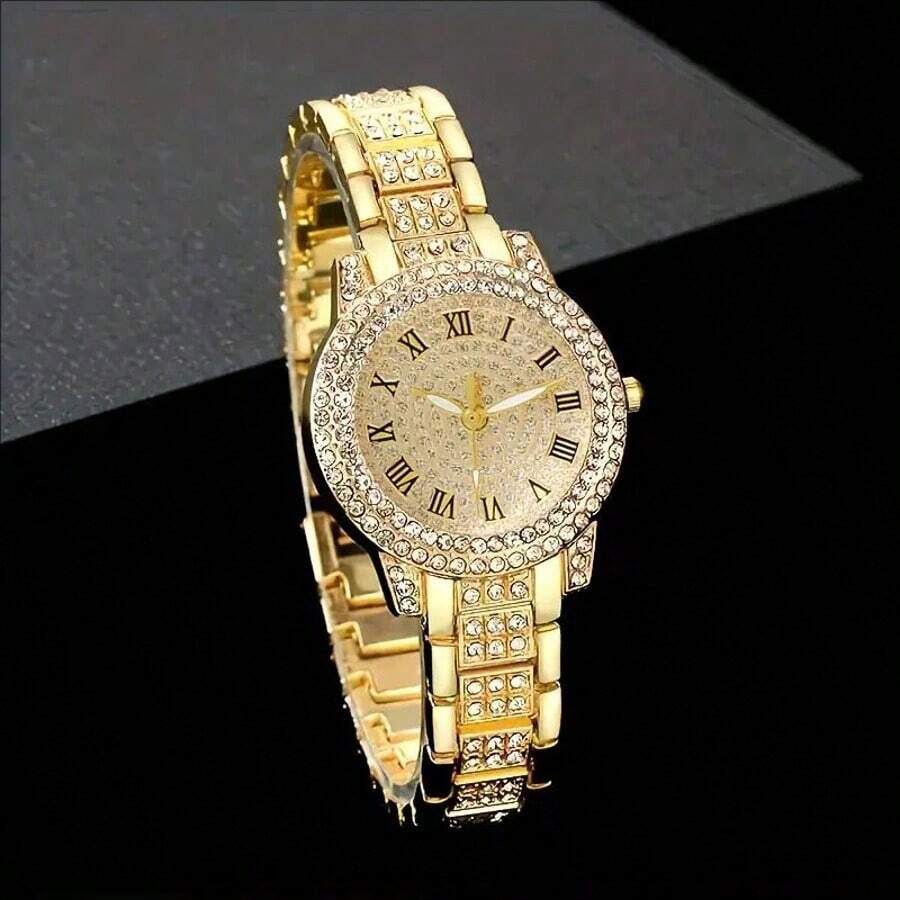 SHEIN ساعة نسائية كاجوال بعقارب رومانية مرصعة بالراين ستون