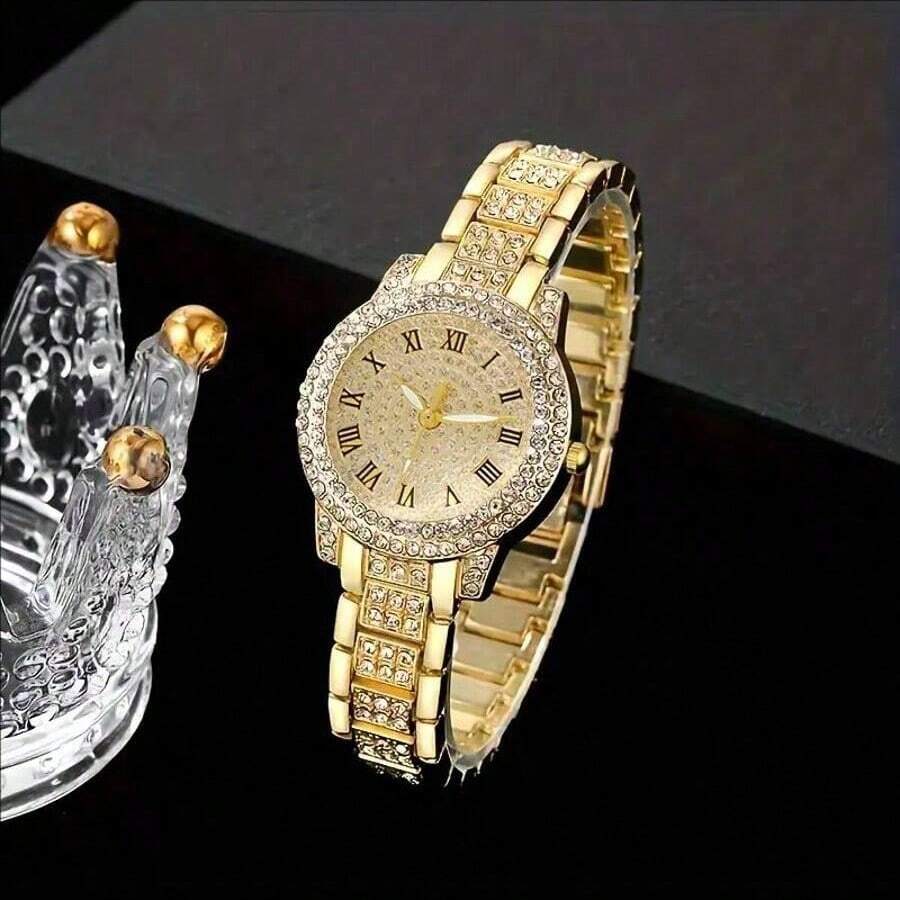 SHEIN ساعة نسائية كاجوال بعقارب رومانية مرصعة بالراين ستون