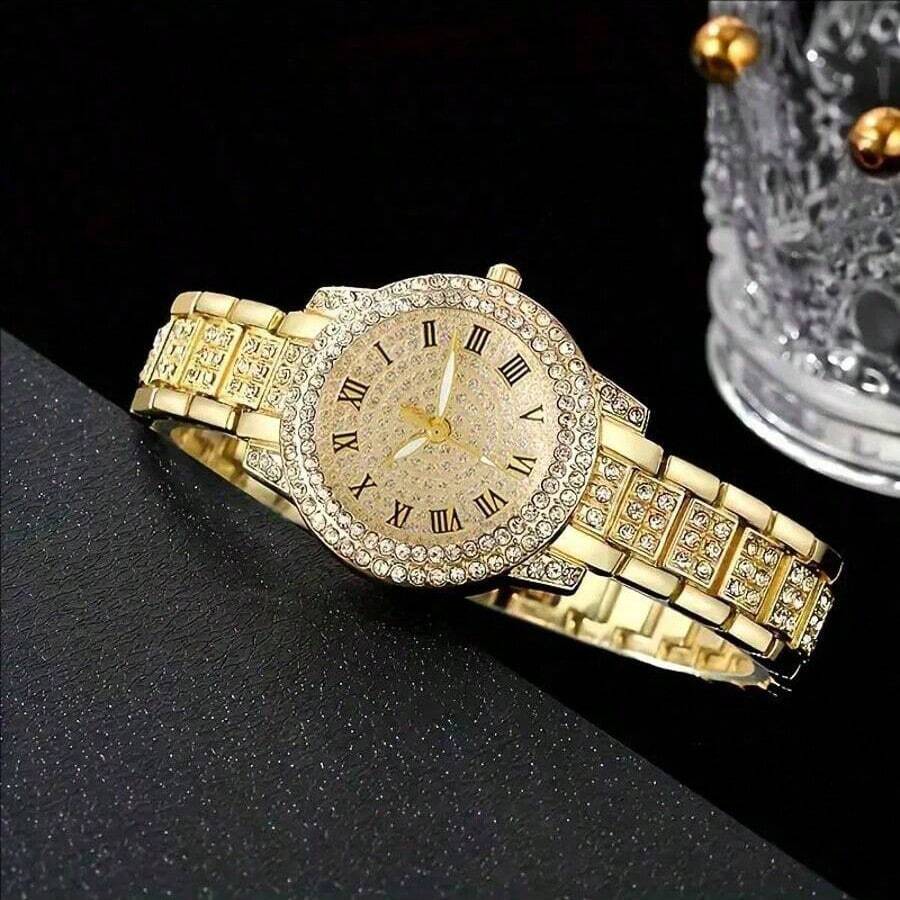 SHEIN ساعة نسائية كاجوال بعقارب رومانية مرصعة بالراين ستون