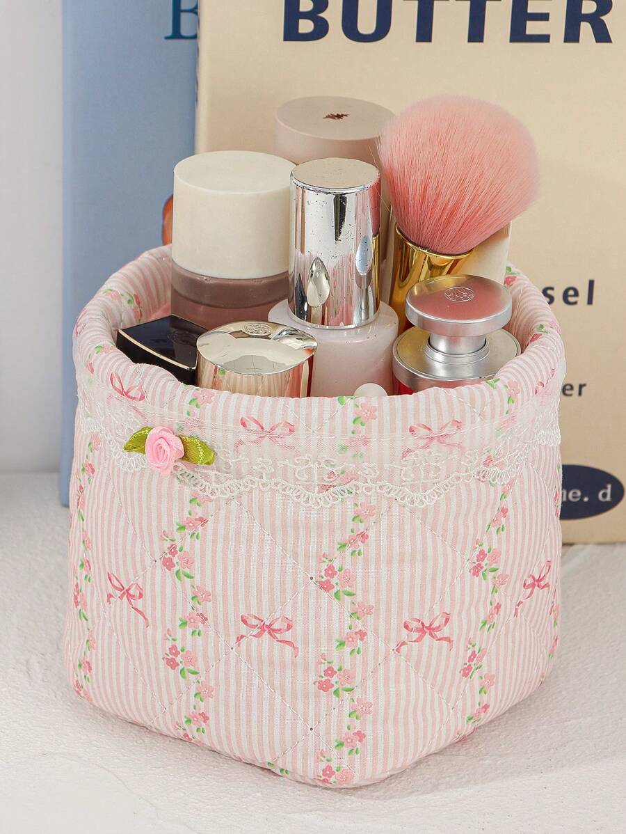 SHEIN سلة تخزين مكياج بزخارف قلوب وأزهار