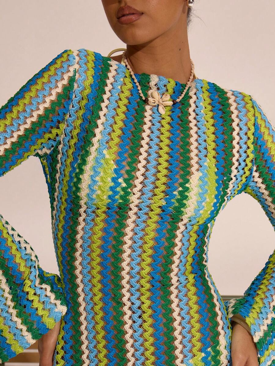 SHEIN MUSERA فستان ماكسي محبوك مخطط بكشكشة بوهيمي أنيق