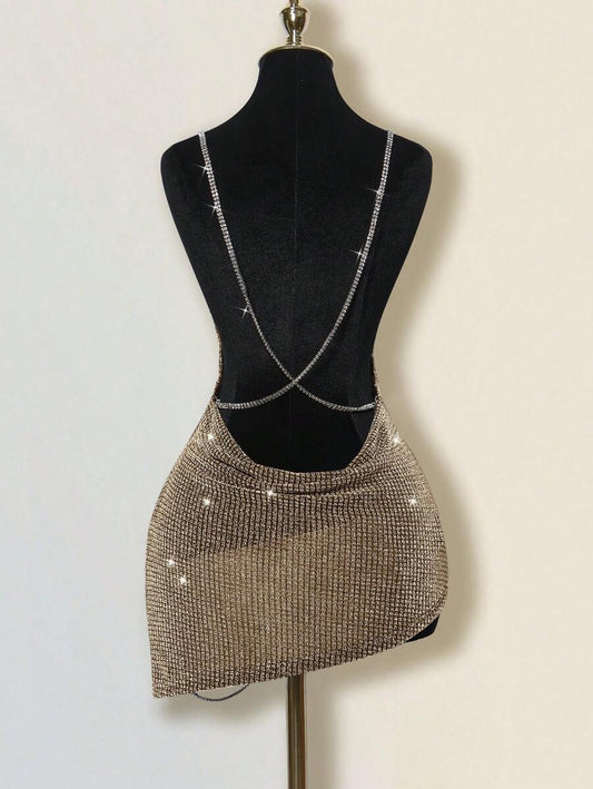 SHEIN ICON فستان قصير لامع بظهر مكشوف وياقة عميقة وشريط راين