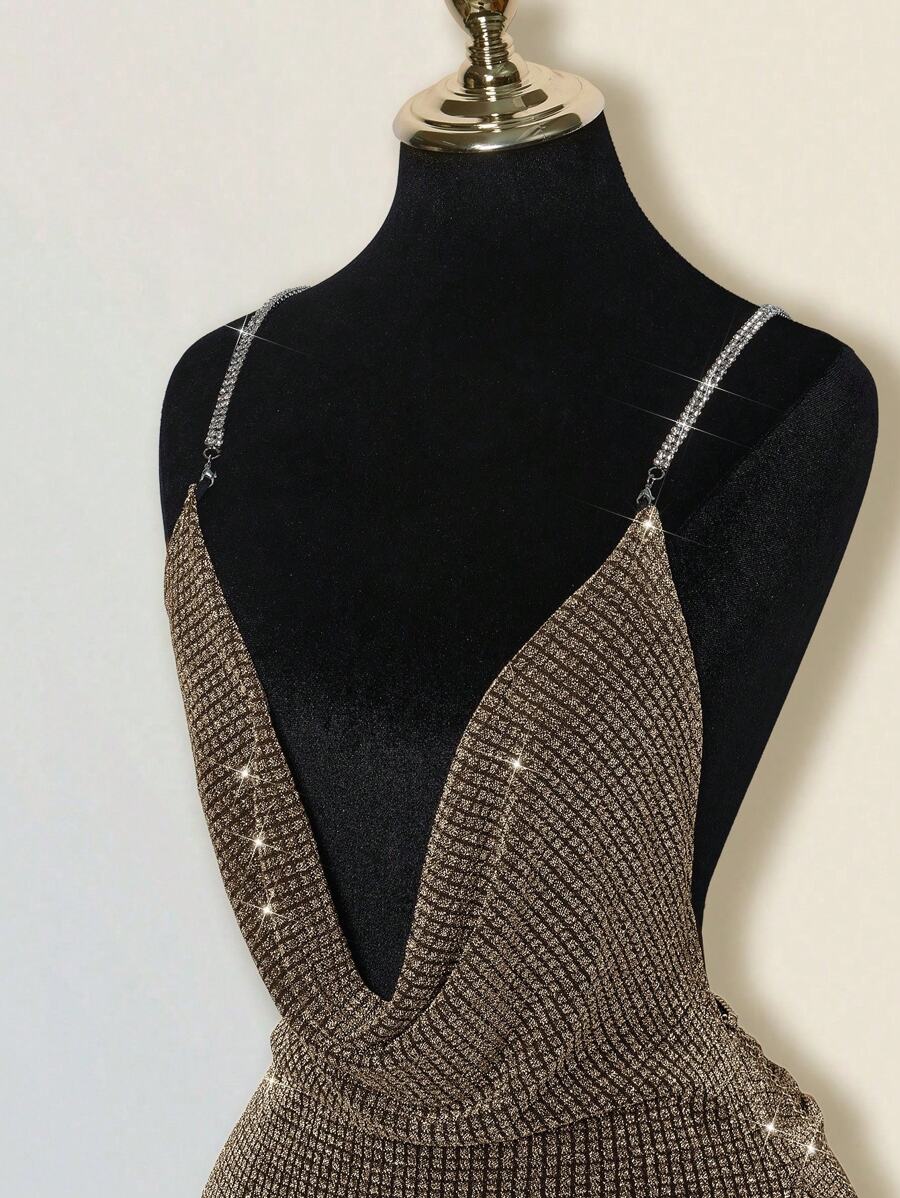SHEIN ICON فستان قصير لامع بظهر مكشوف وياقة عميقة وشريط راين