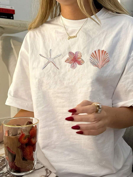 SHEIN تي شيرت نسائي كاجول برسومات نجوم البحر والأصداف
