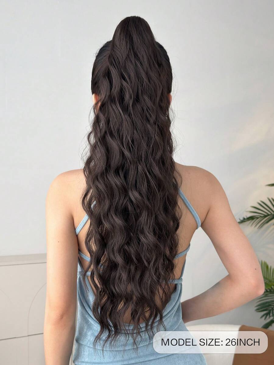 SHEIN ذيل حصان شعر طبيعي موجي بلون أسود بني 26 بوصة