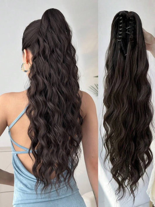 SHEIN ذيل حصان شعر طبيعي موجي بلون أسود بني 26 بوصة