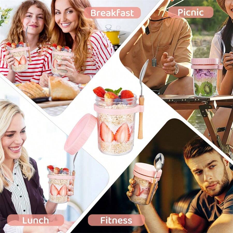 SHEIN وعاء زجاج 16 أونصة مع غطاء وملعقة بعلامات قياس