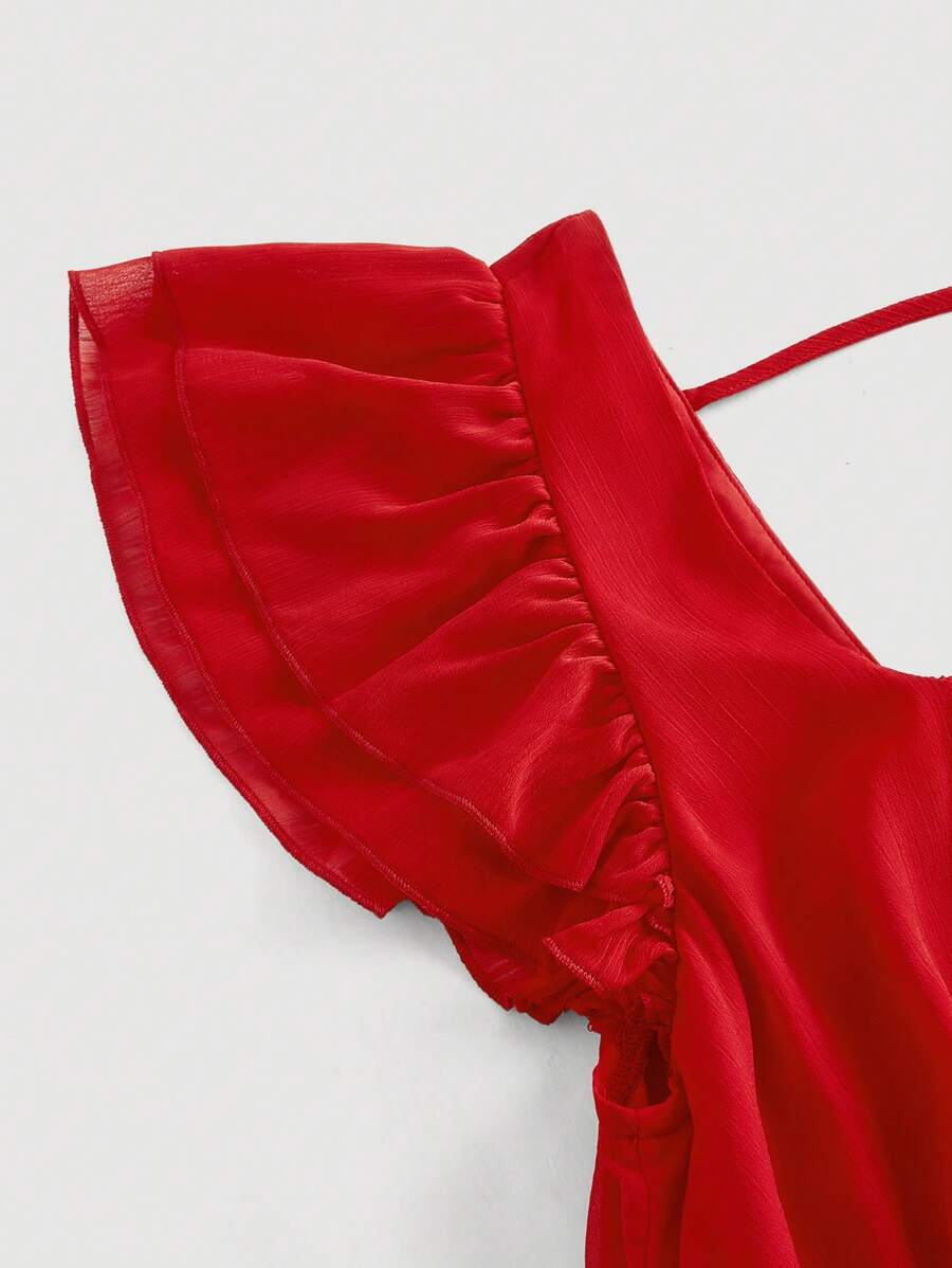 SHEIN MOD فستان أحمر قصير بكم مقلوظ وخصر واسع