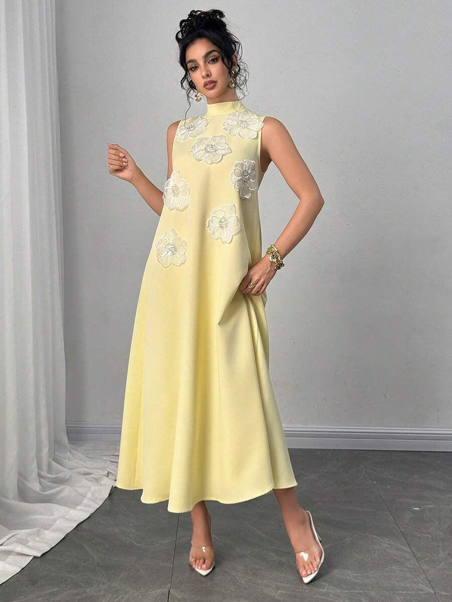 SHEIN Modelyn فستان طويل فاخر بتطريز زهور ثلاثي الأبعاد باللون الأصفر الفاتح