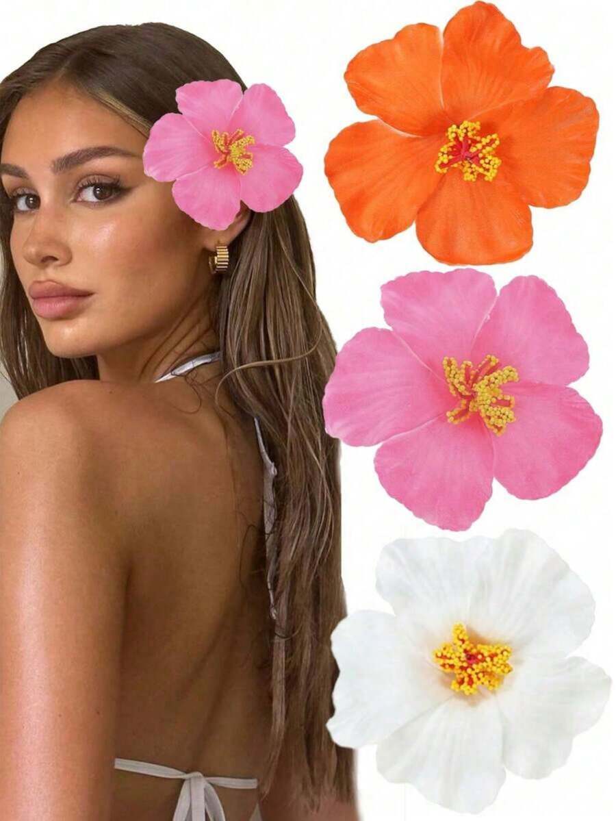 SHEIN مشبك شعر بشكل زهرة كركديه هاواي صناعية 3 قطع