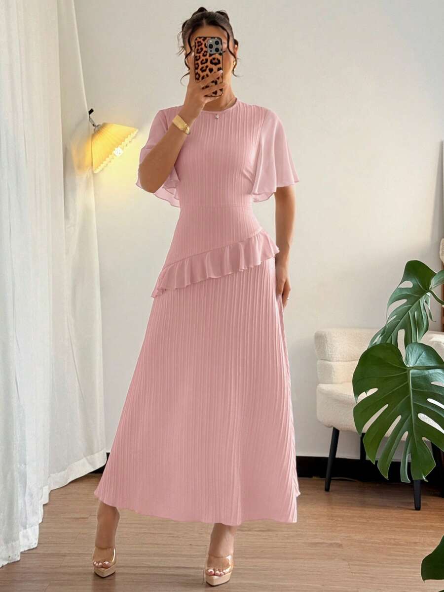 SHEIN Elenzga فستان وردي من الشيفون بياقة دائرية وخصر مربوط