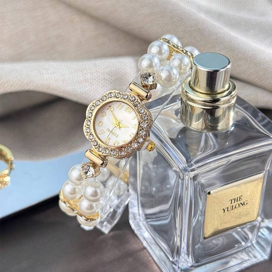 SHEIN ساعة نسائية بإطار من السبيكة المرصع بالكريستال واللؤلؤ صناعي