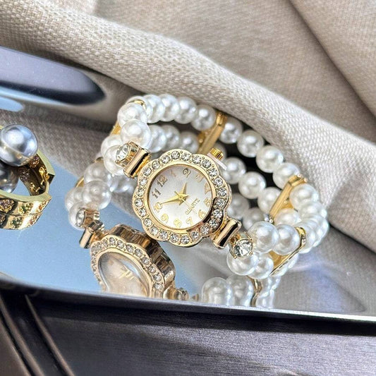 SHEIN ساعة نسائية بإطار من السبيكة المرصع بالكريستال واللؤلؤ صناعي
