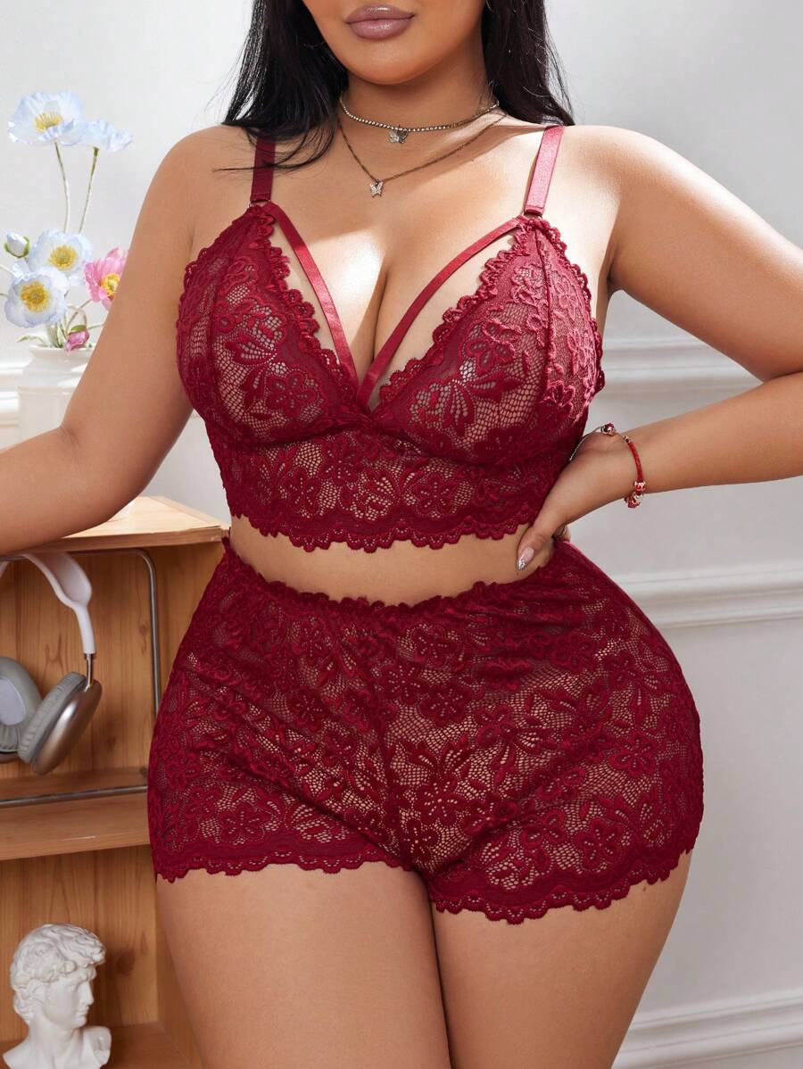 SHEIN Seduluxe طقم دانتيل عنابي 2 قطعة مقاس كبير