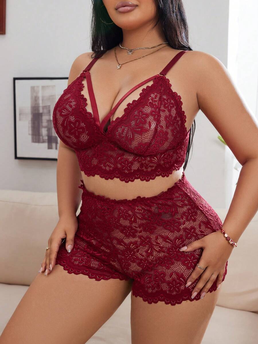 SHEIN Seduluxe طقم دانتيل عنابي 2 قطعة مقاس كبير