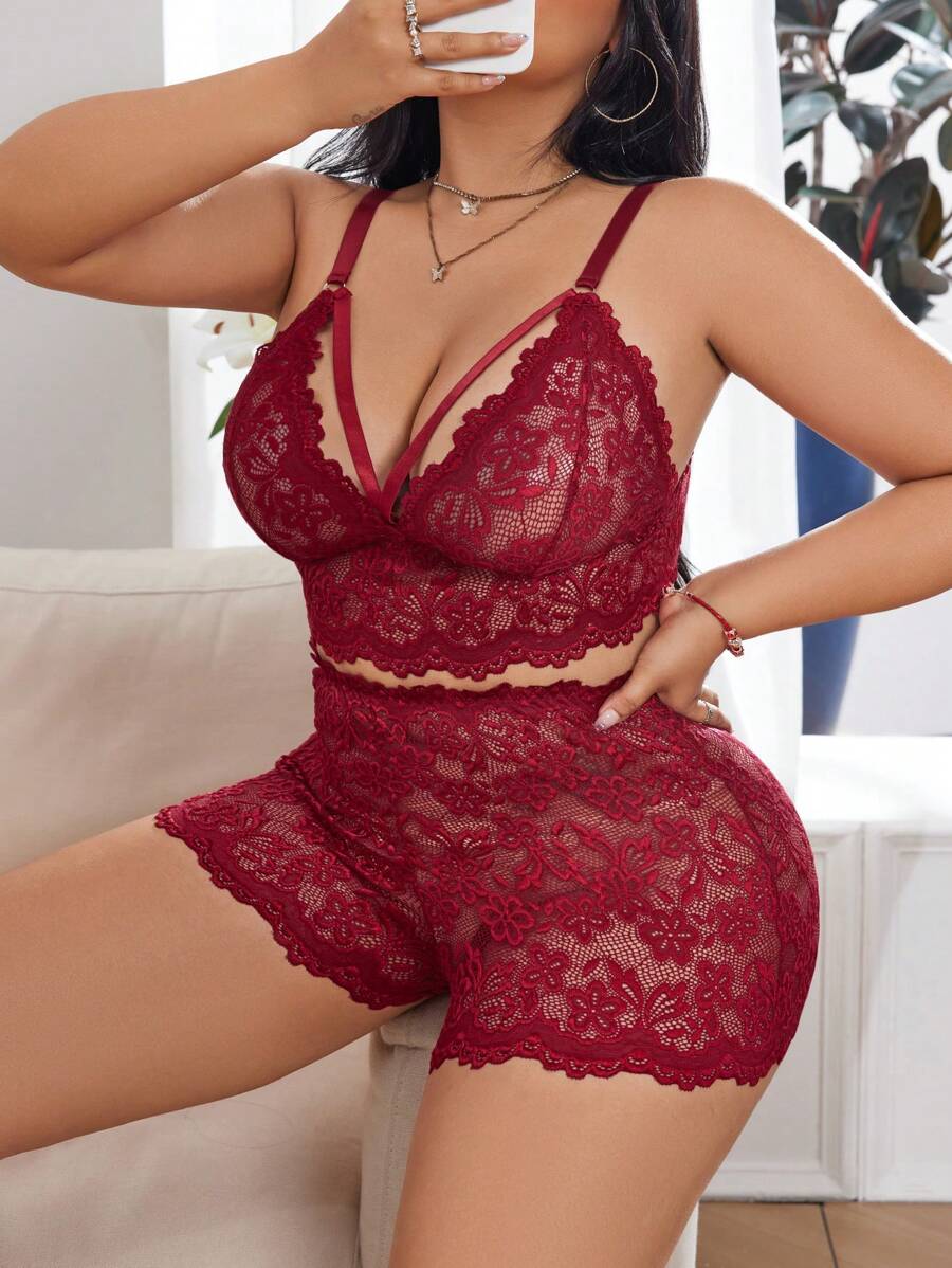 SHEIN Seduluxe طقم دانتيل عنابي 2 قطعة مقاس كبير