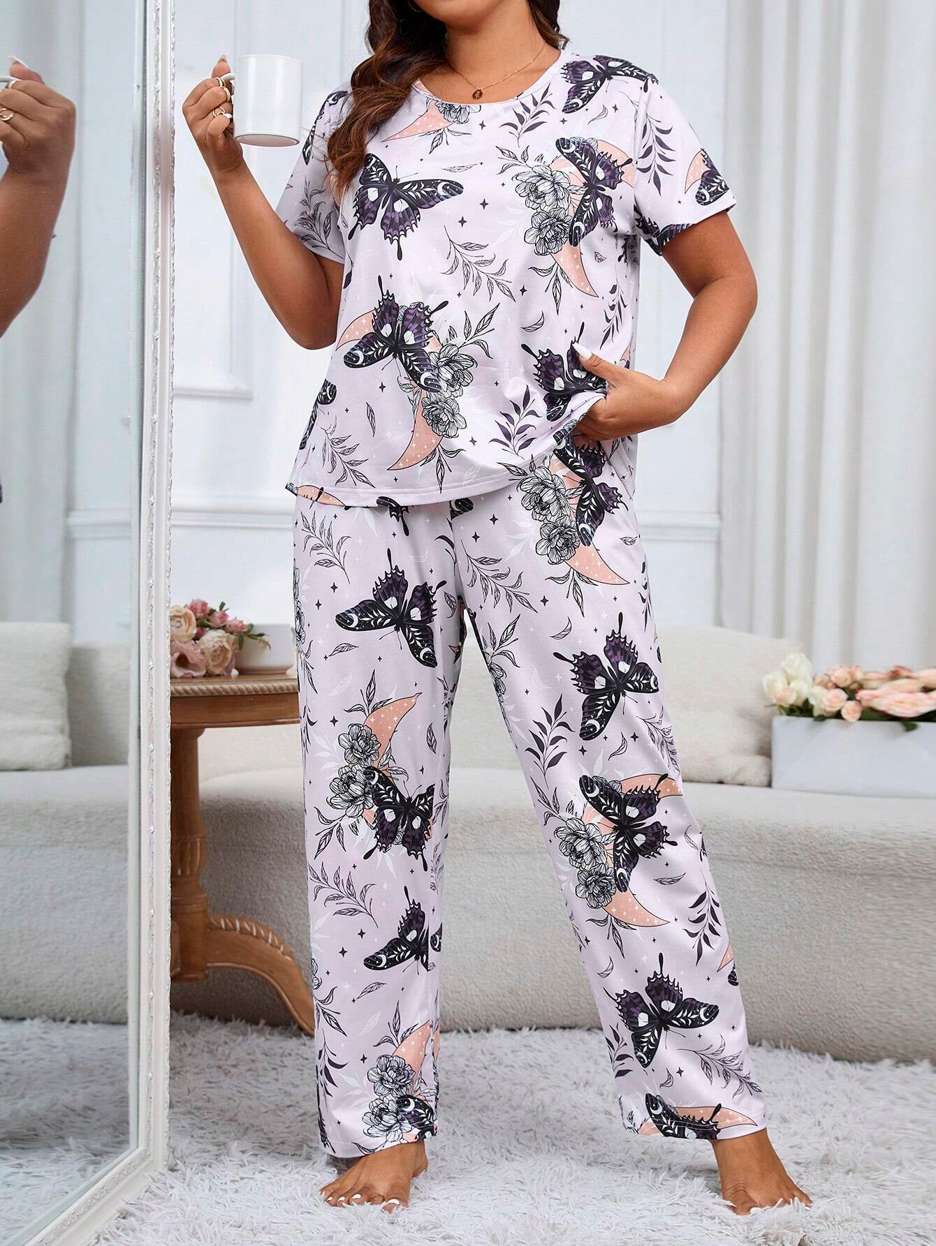 Plus Size Butterfly, Floral & Plants Printed Homewear Set
