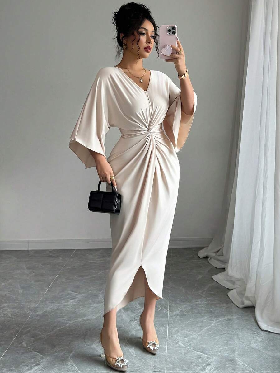 SHEIN Elenzga فستان متوسط الطول بأكمام خفاش بلون مشمشي