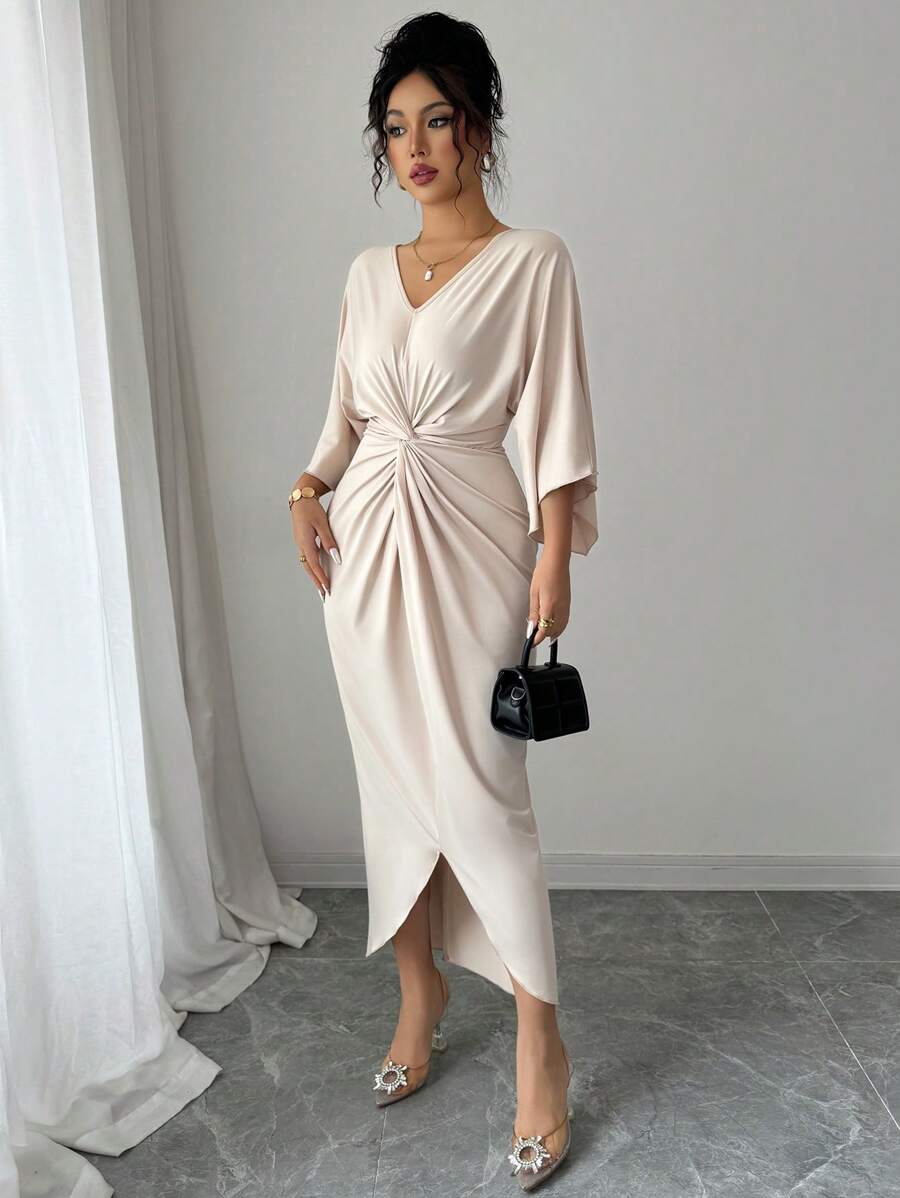 SHEIN Elenzga فستان متوسط الطول بأكمام خفاش بلون مشمشي