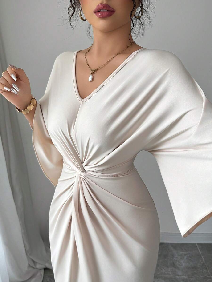 SHEIN Elenzga فستان متوسط الطول بأكمام خفاش بلون مشمشي