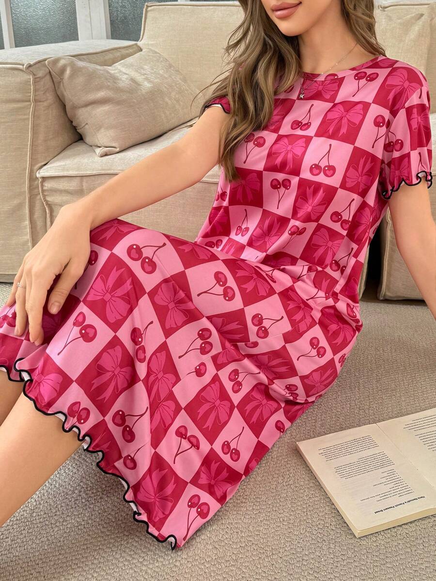 SHEIN SweetSlumber فستان نوم بطبعة كرز وعقدة وياقة مستديرة