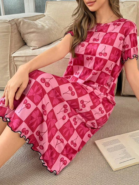 SHEIN SweetSlumber فستان نوم بطبعة كرز وعقدة وياقة مستديرة