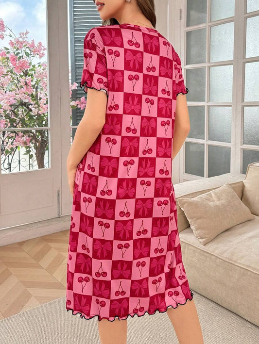 SHEIN SweetSlumber فستان نوم بطبعة كرز وعقدة وياقة مستديرة