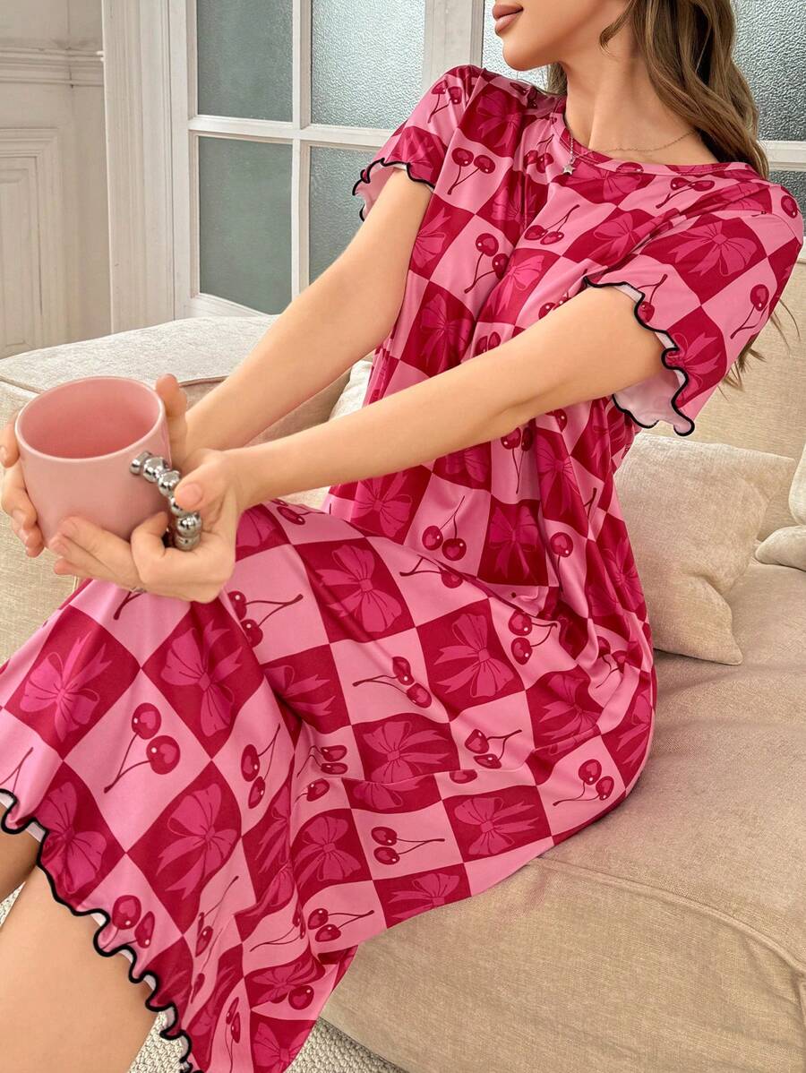 SHEIN SweetSlumber فستان نوم بطبعة كرز وعقدة وياقة مستديرة