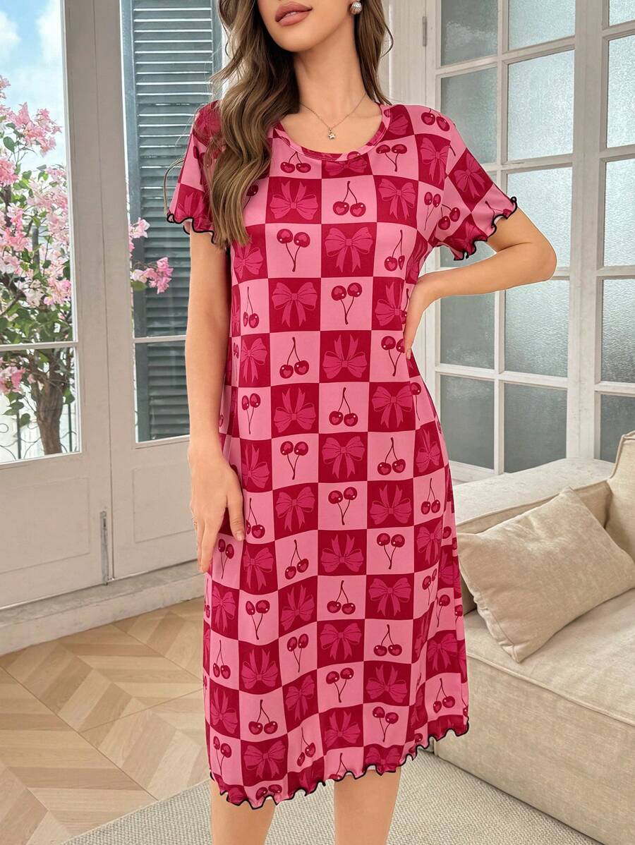 SHEIN SweetSlumber فستان نوم بطبعة كرز وعقدة وياقة مستديرة