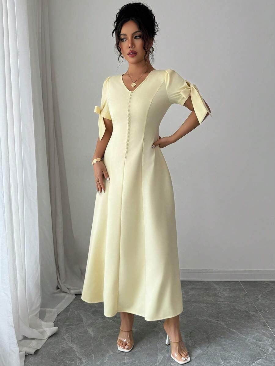 SHEIN Elenzga فستان طويل أصفر بأزرار وفيونكة من الاكتاف