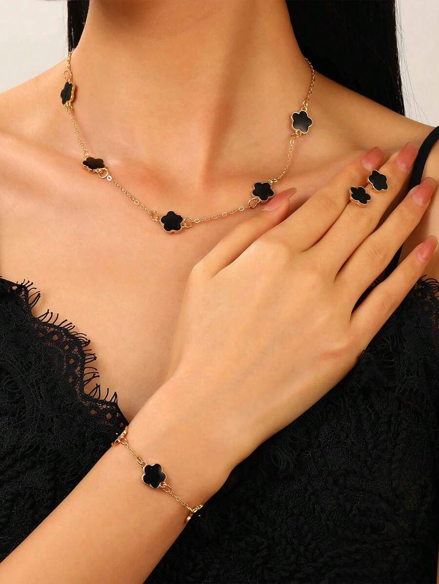 SHEIN طقم مجوهرات نسائي 5 قطع (قلادة، سوار، أقراط، خاتم)