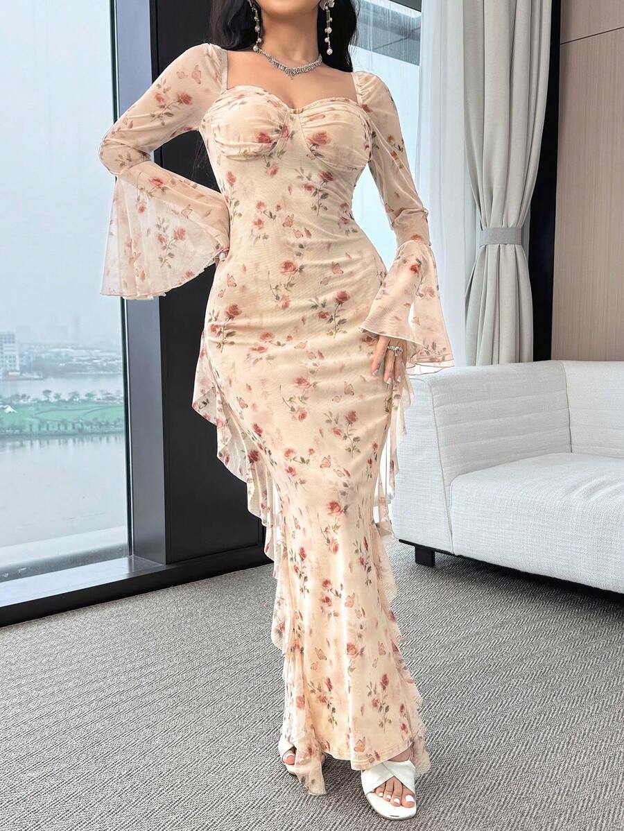 SHEIN Feyla فستان طويل الأكمام مطبوع بنقوش الزهور وياقة قلبية