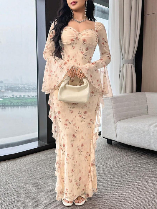 SHEIN Feyla فستان طويل الأكمام مطبوع بنقوش الزهور وياقة قلبية