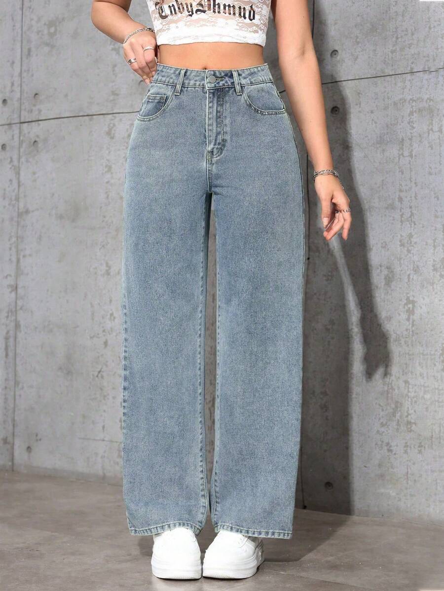 SHEIN جينز نسائي بقصة ساق مستقيمة وفضفاضة بجيوب