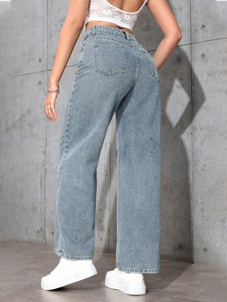 SHEIN جينز نسائي بقصة ساق مستقيمة وفضفاضة بجيوب