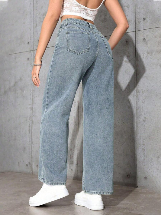 SHEIN جينز نسائي بقصة ساق مستقيمة وفضفاضة بجيوب