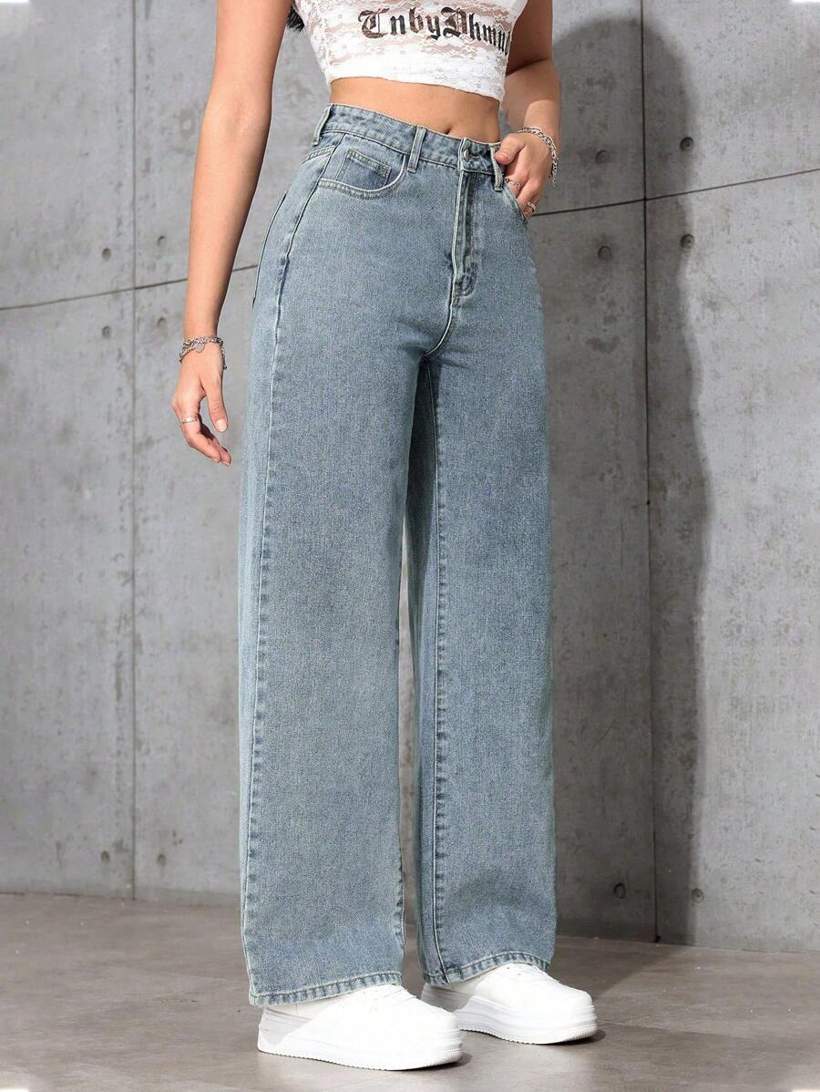 SHEIN جينز نسائي بقصة ساق مستقيمة وفضفاضة بجيوب