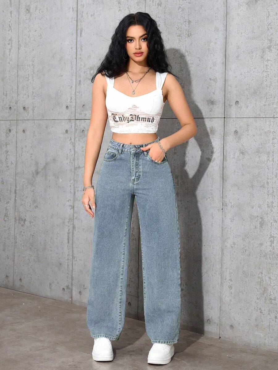 SHEIN جينز نسائي بقصة ساق مستقيمة وفضفاضة بجيوب