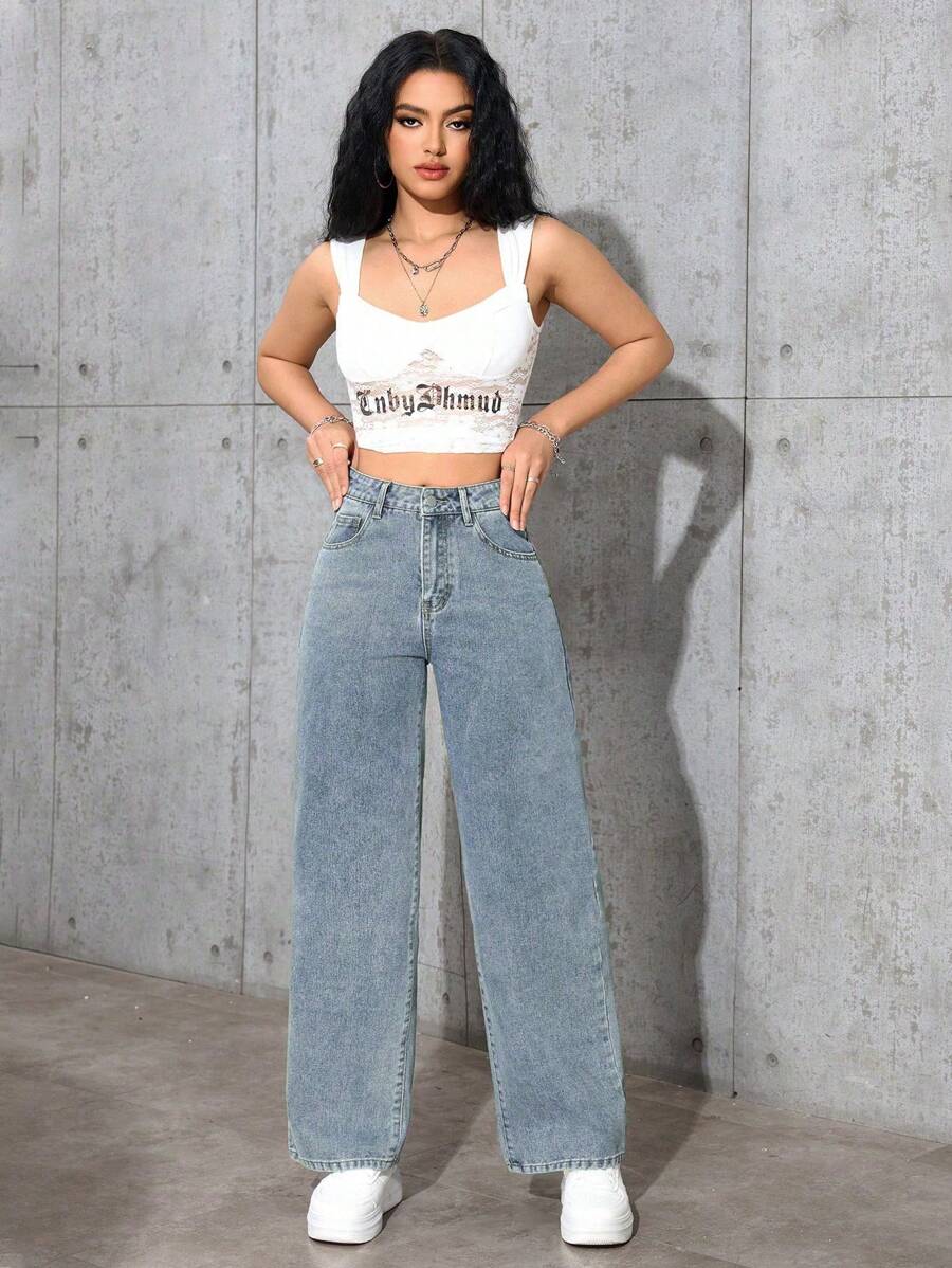 SHEIN جينز نسائي بقصة ساق مستقيمة وفضفاضة بجيوب