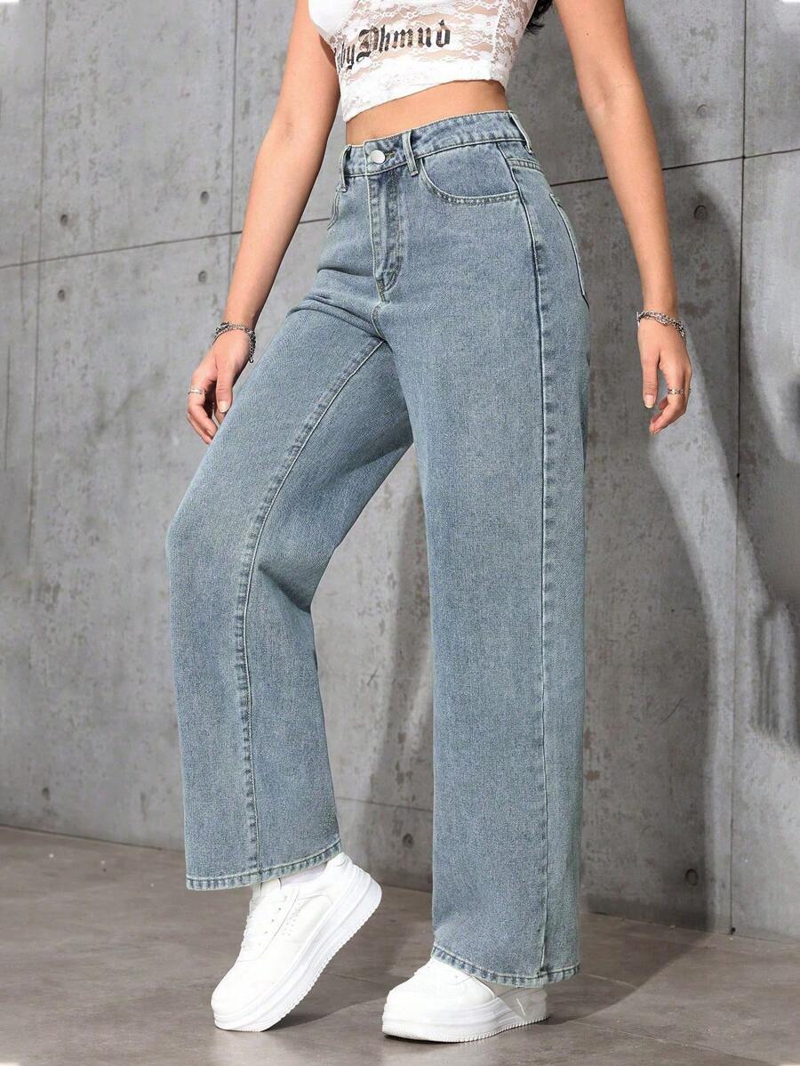SHEIN جينز نسائي بقصة ساق مستقيمة وفضفاضة بجيوب