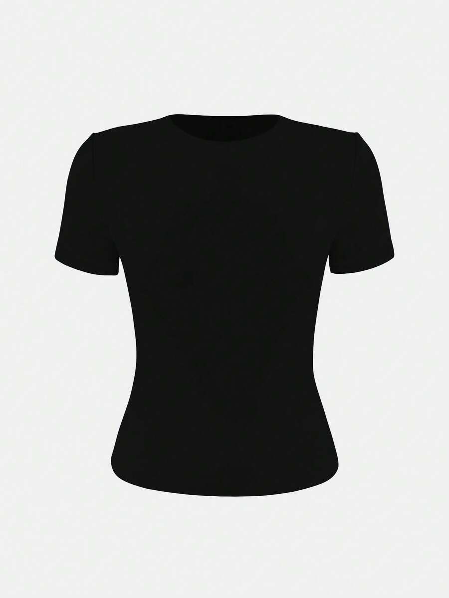 SHEIN XLLAIS تي شيرت أسود بياقة دائرية وأكمام قصيرة بقصة ضيقة كاجوال