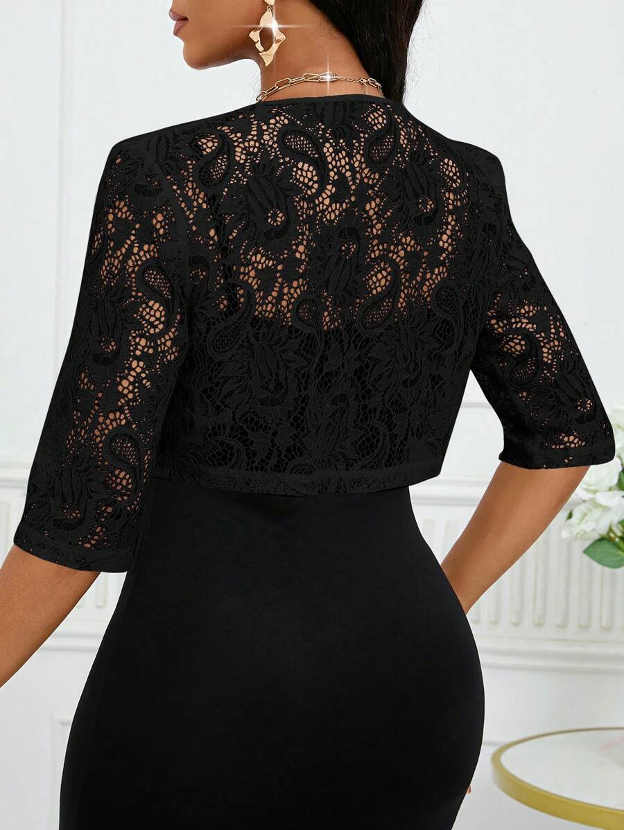 SHEIN Lady جاكيت نسائي قصير أسود بأكمام 3/4 من الدانتيل الزهري