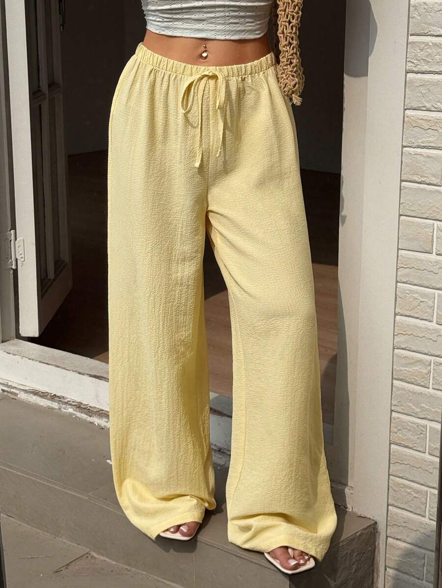 SHEIN Sunnyshic بنطلون أصفر مستقيم بربطة خصر من قماش منسوج كاجوال