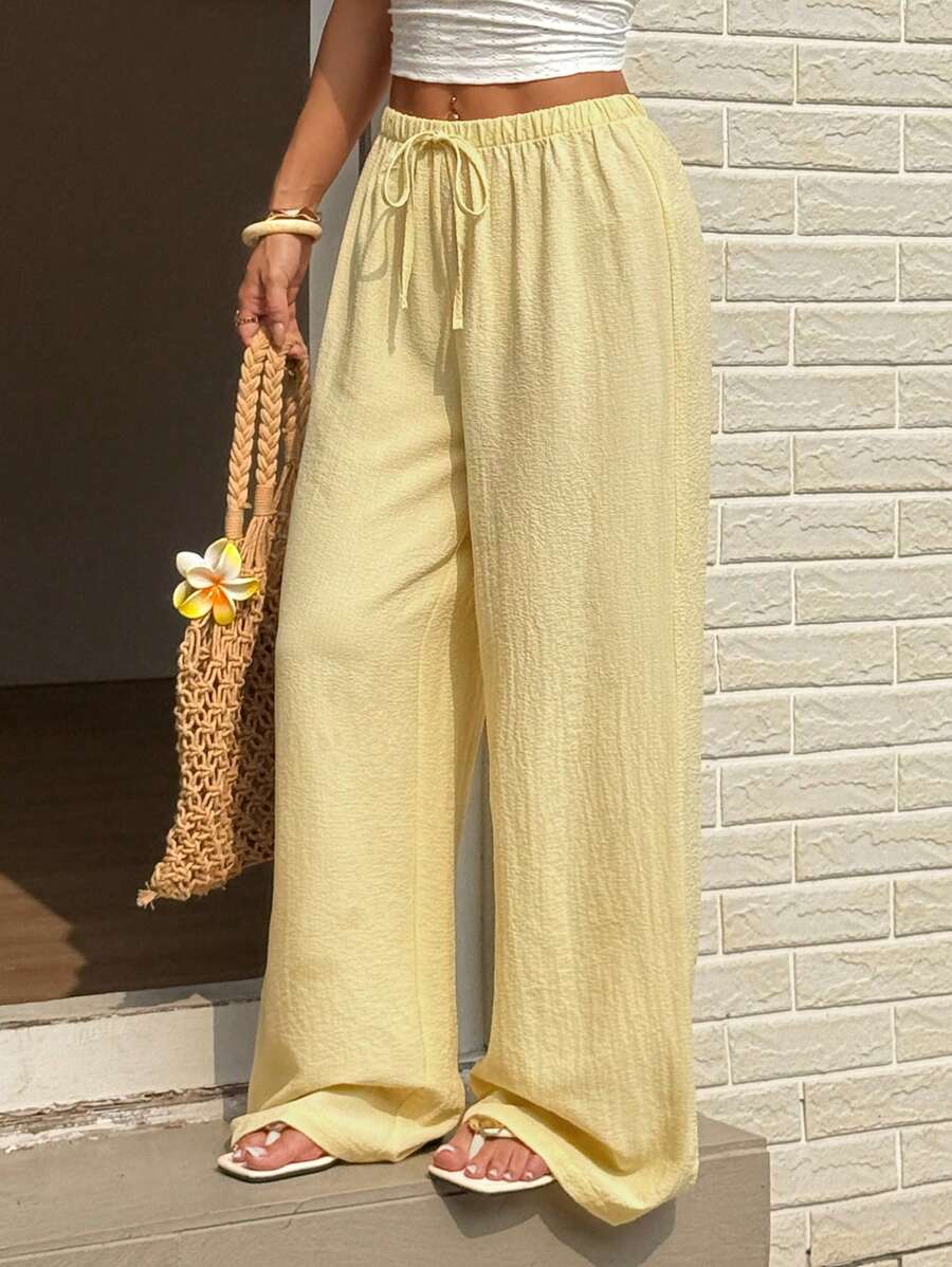 SHEIN Sunnyshic بنطلون أصفر مستقيم بربطة خصر من قماش منسوج كاجوال